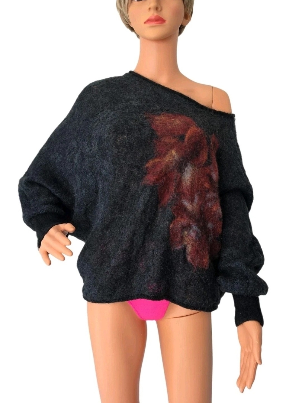 Anthropologie Troubadour Felted Floral Off Shoulder Mohair Wool Sweater Size L
